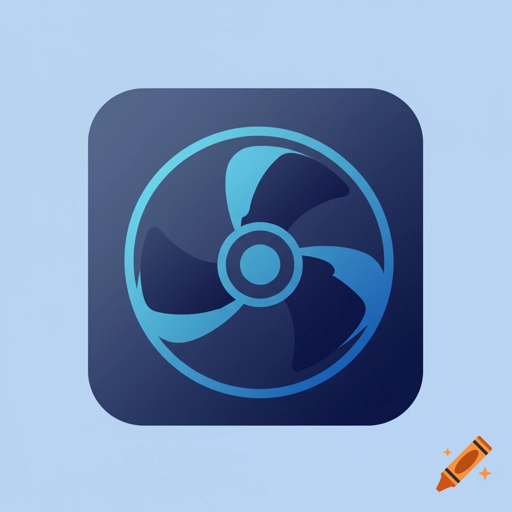 A dark blue rounded square icon featuring a light blue and dark blue gradient fan symbol in the center, on a light blue background.