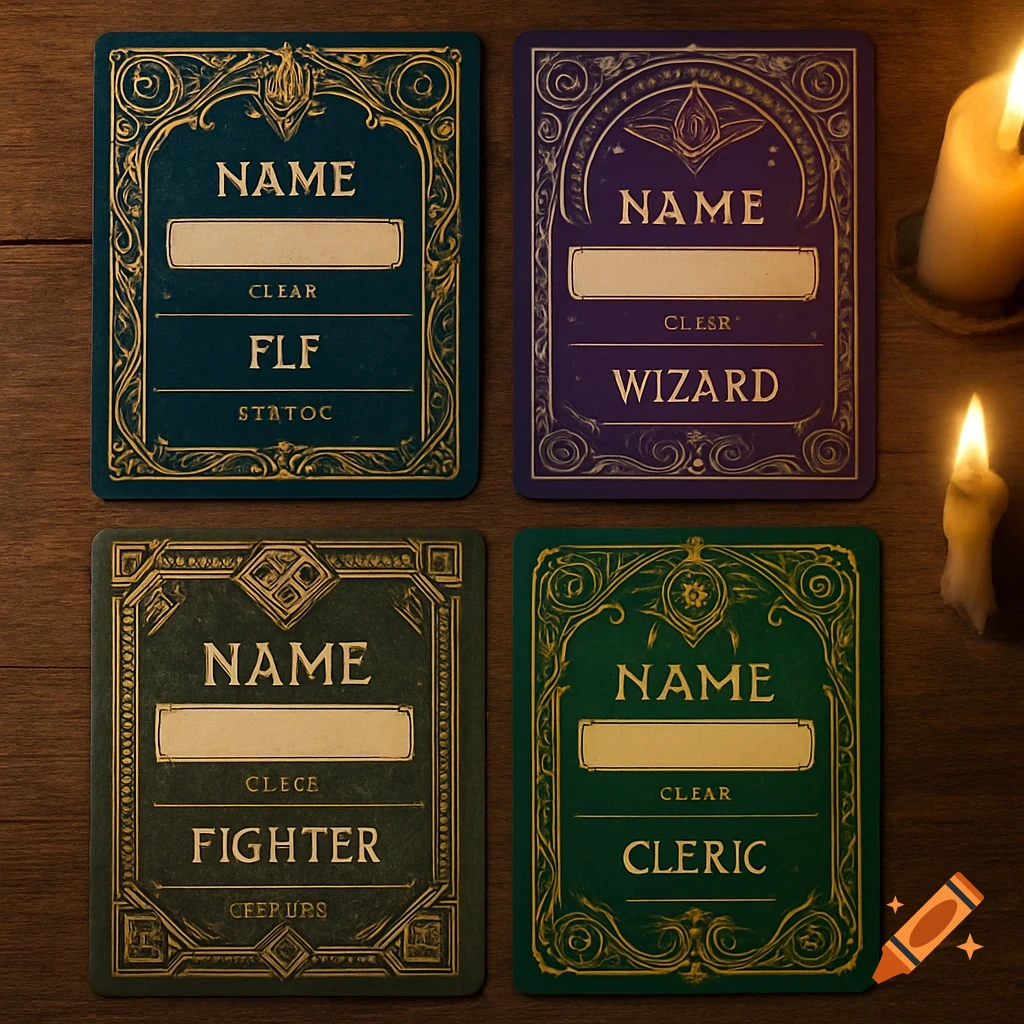 Four fantasy-themed role-playing game ID cards with ornate gold borders on a dark wooden table, illuminated by two glowing candles. The cards display placeholder text like "NAME", "WIZARD", "FIGHTER", and "CLERIC", with some smaller garbled text.