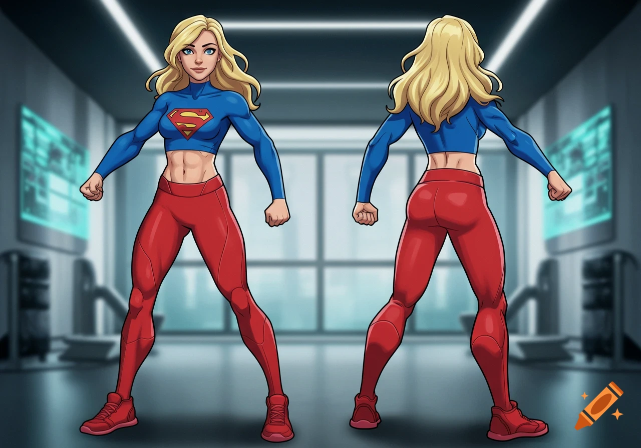 Front and back character design of Supergirl in an animated style, wearing a blue crop top, red leggings, and red sneakers.