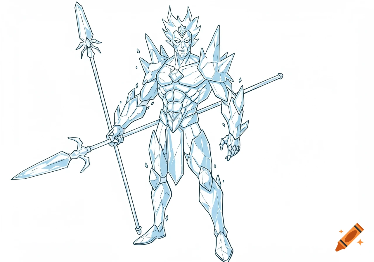 An anime-style line art drawing of an ice superhero with sharp, crystalline armor, holding two spears.