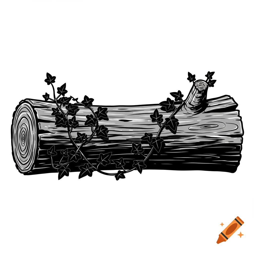 Black and white graphic illustration of a wood log with ivy vines wrapped around it.
