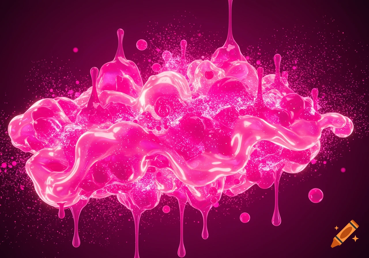 Bright pink glossy liquid splashing and dripping against a dark background with scattered droplets.