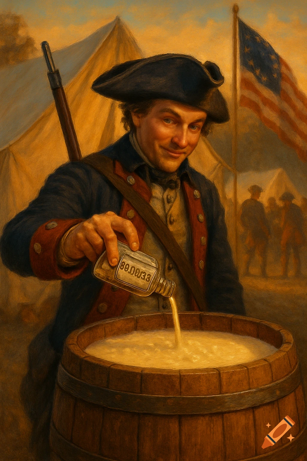 American Revolution soldier pouring liquid from a small bottle into a large wooden barrel, a US flag and tents in the background, painterly style.