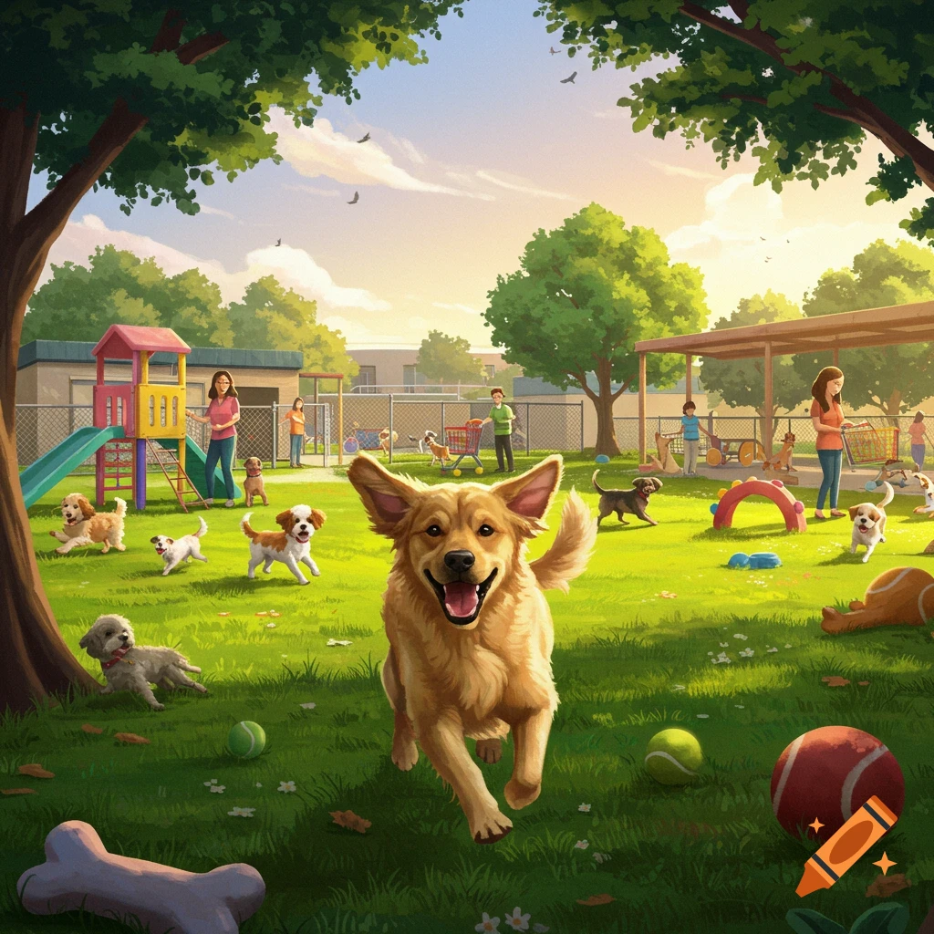 A happy golden retriever runs towards the viewer in a sunny, illustrated dog daycare with many other dogs, people, and play equipment on green grass.