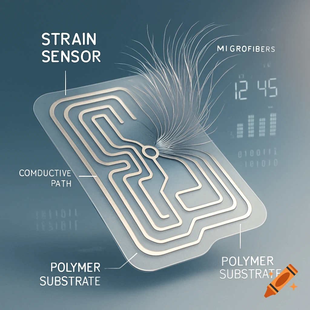 3D illustration of a translucent strain sensor on a polymer substrate with conductive paths, microfibers, and digital data in the background.