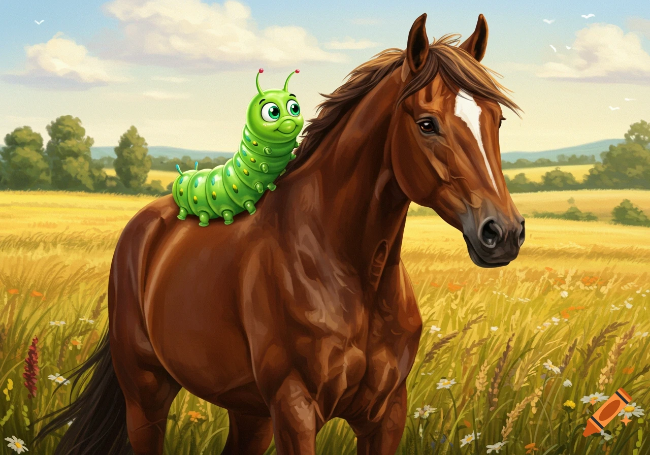 A friendly green cartoon caterpillar rides on the back of a brown horse in a sunny field.