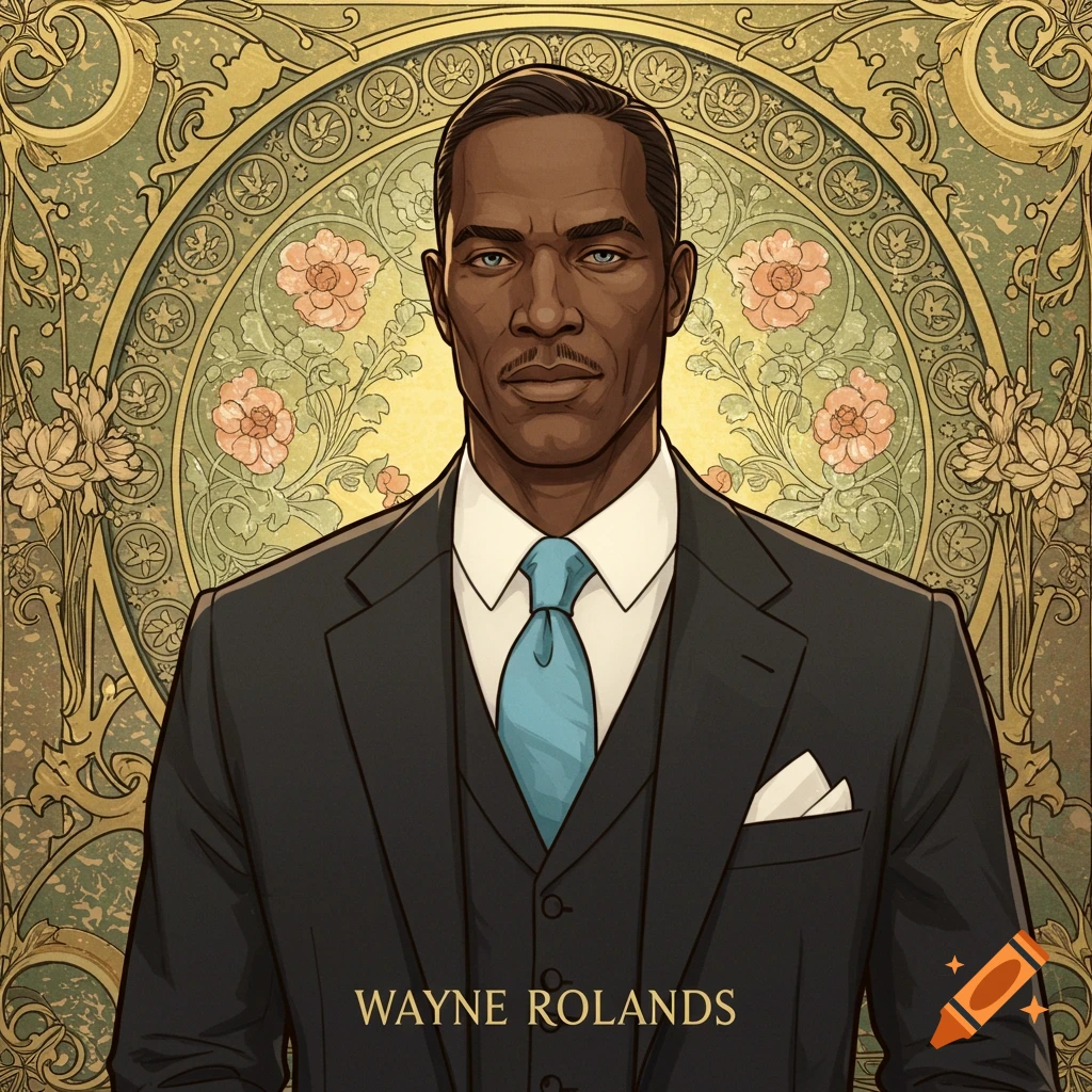 A stylized Art Nouveau portrait of a man in a dark suit and blue tie, with a decorative floral background, and the name 'Wayne Rolands' below.