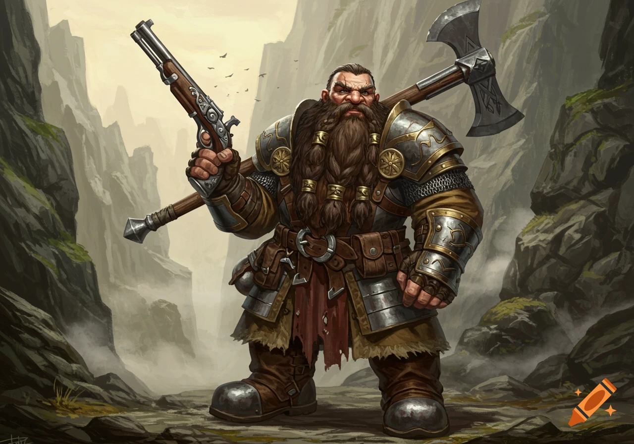 A fantasy dwarf in armor with a braided beard holds an old pistol, an axe on his back, in a rocky canyon.