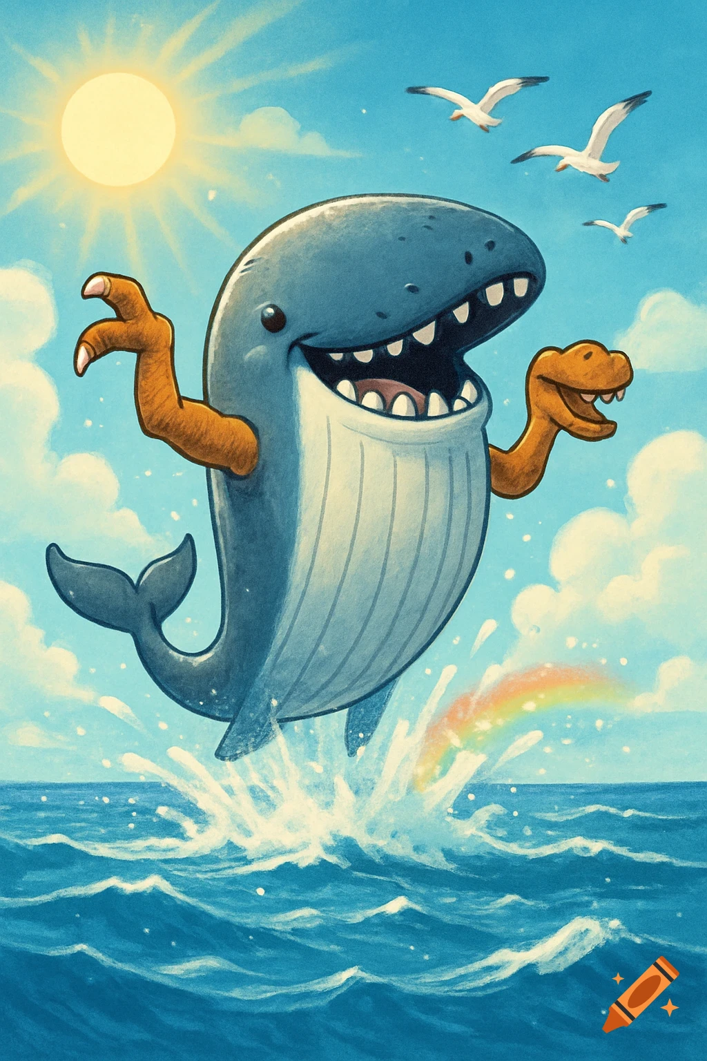 A happy cartoon whale with T-Rex arms leaps from the ocean under a bright sun, with seagulls flying and a rainbow.