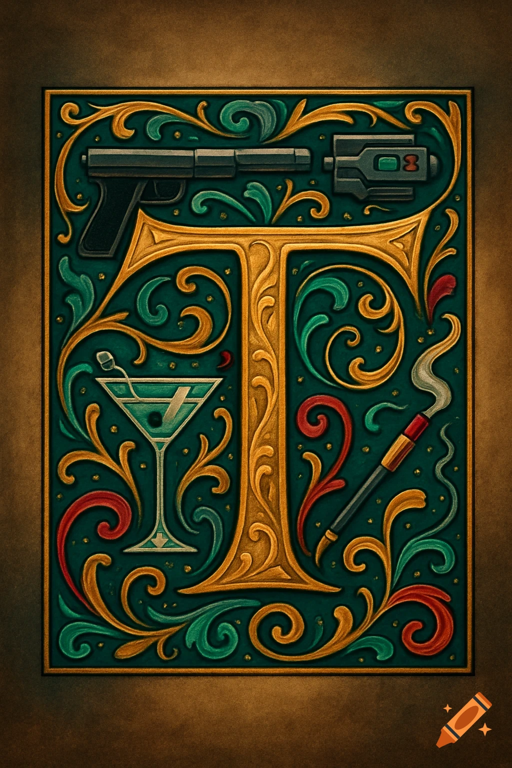 Ornate illuminated manuscript style illustration of the letter T, featuring a pistol, martini, and cigarette amidst gold and green foliage.