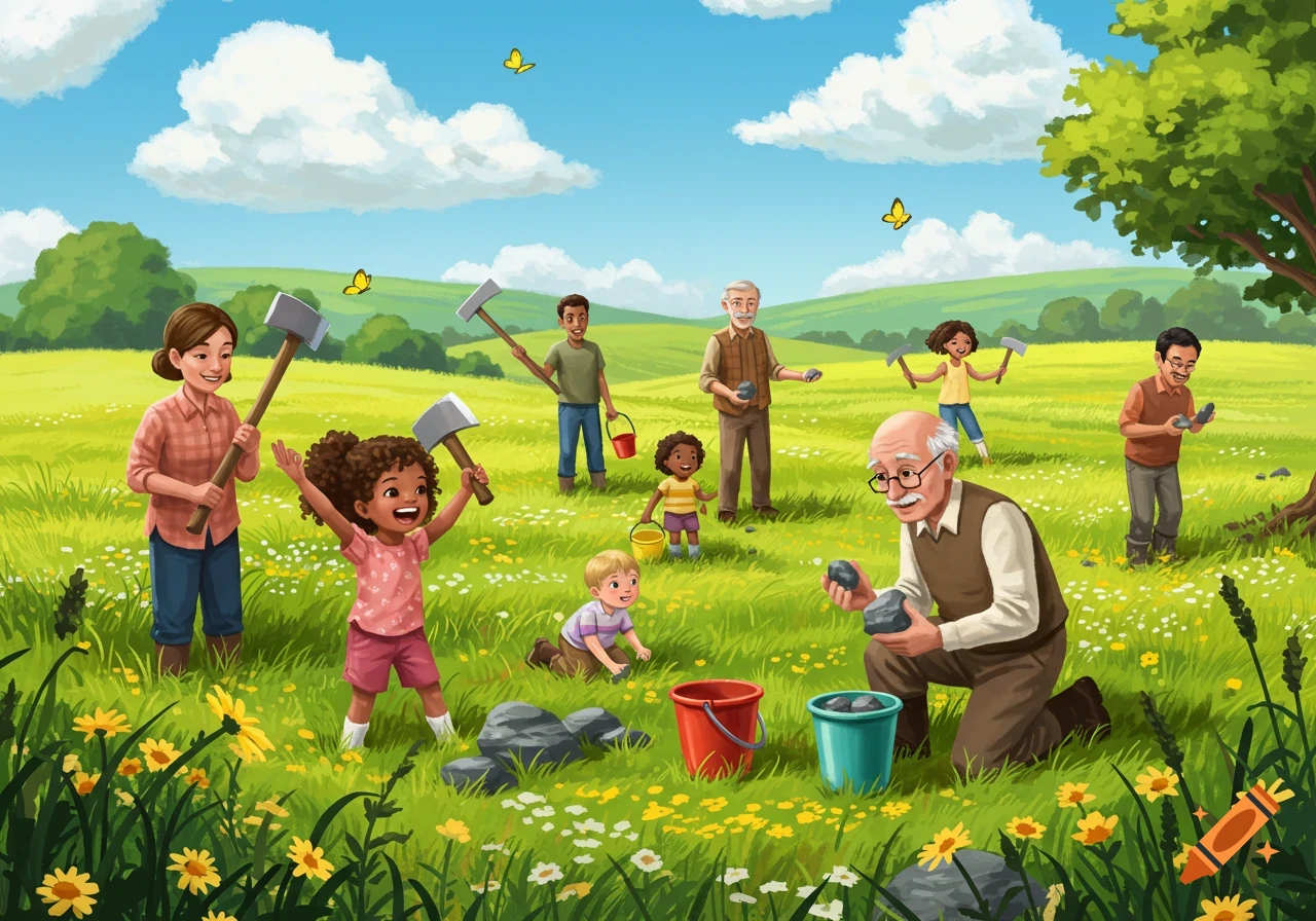 A cheerful cartoon illustration of a multi-generational group collecting rocks with buckets and small hammers in a sunny, grassy field.