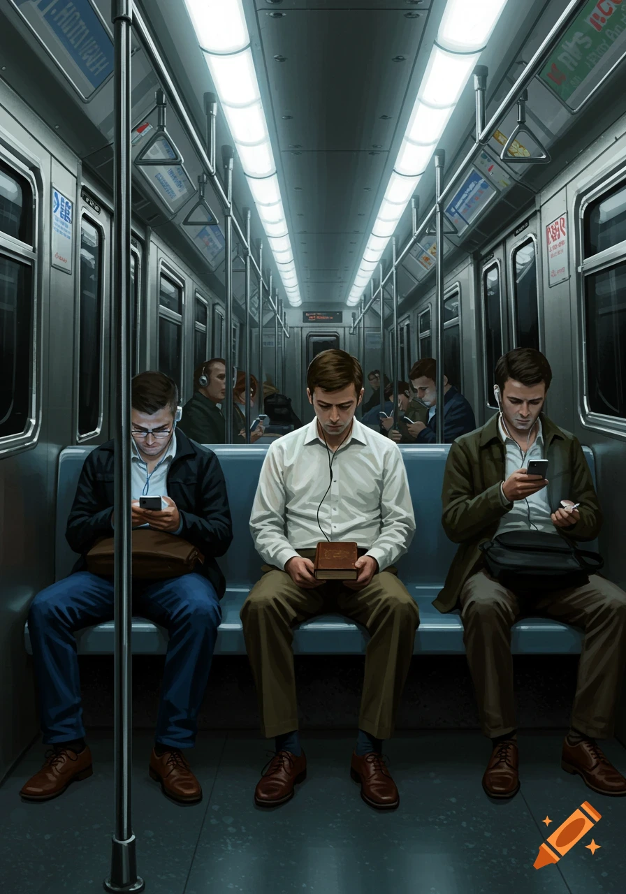 Several men sit in a subway train; two use phones with earbuds, one reads a book. Others are visible in the background.