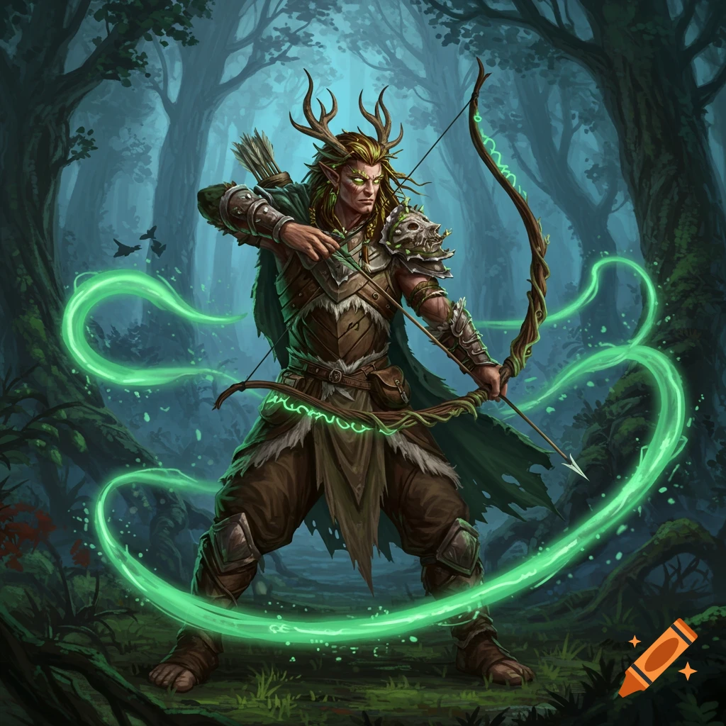 A fantasy druid with antlers and a longbow drawn, glowing with green magic in a dark forest.
