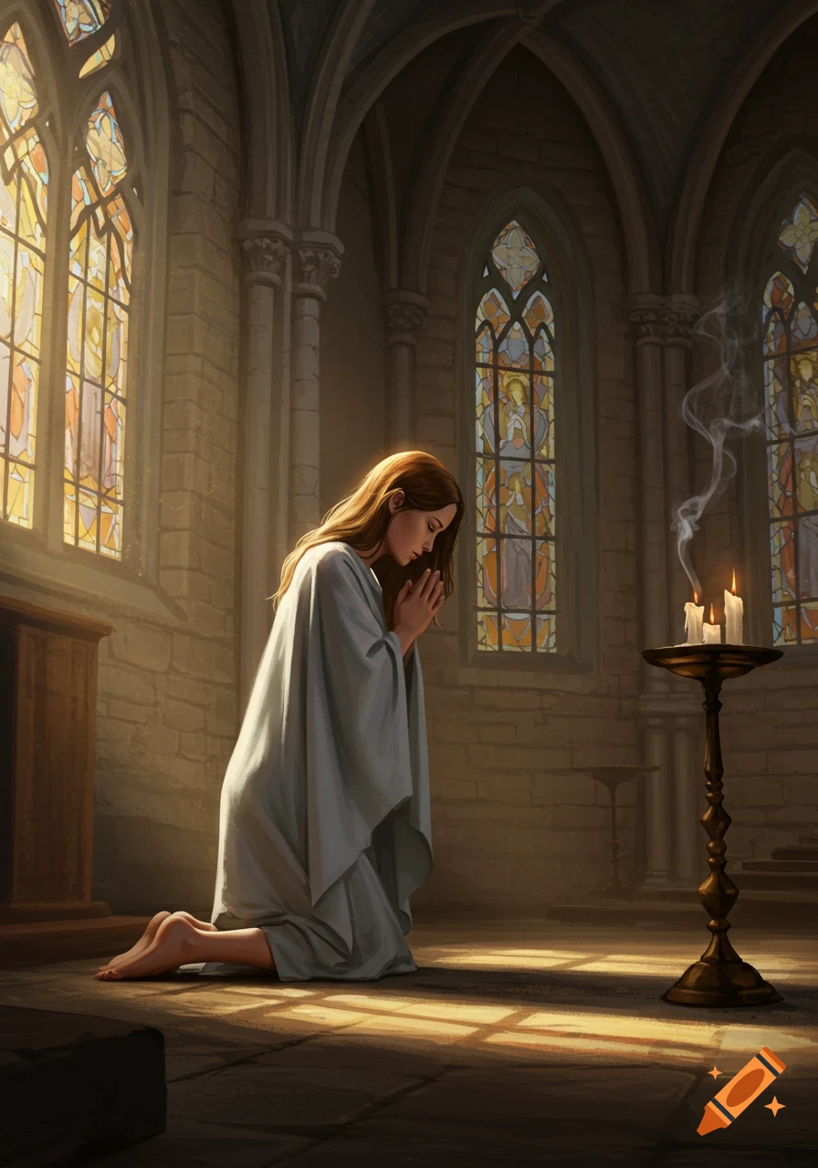 A woman kneels barefoot in a gray tunic, praying in a stone church with stained-glass windows and lit candles.