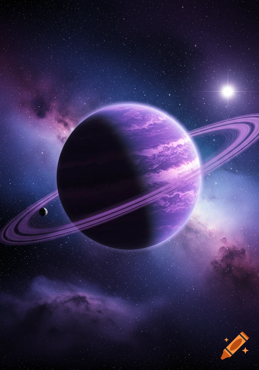 A vibrant purple ringed planet with a small moon and a bright star, set against a dark, starry backdrop with purple nebulae.