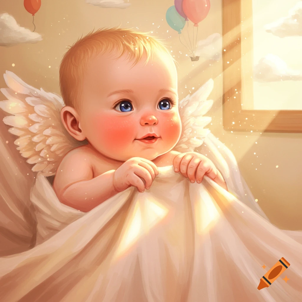 Cute illustrated baby angel with blue eyes, wrapped in a blanket, looking up into bright sunlight with balloons in the background.