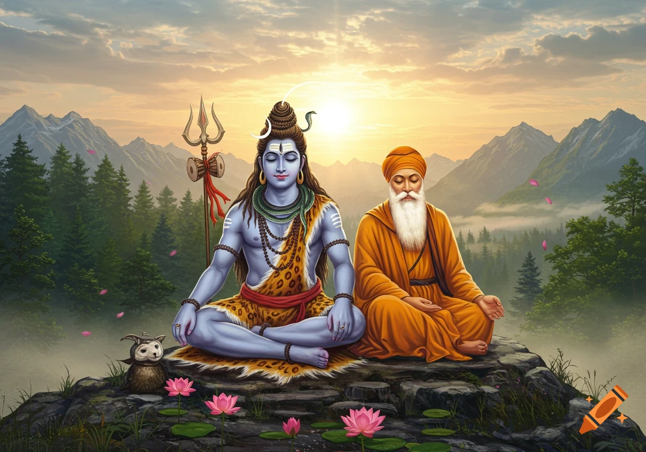 Lord Shiva and Guru Nanak meditate together on a mountain peak at sunset, surrounded by pine trees, mountains, and pink lotus flowers.