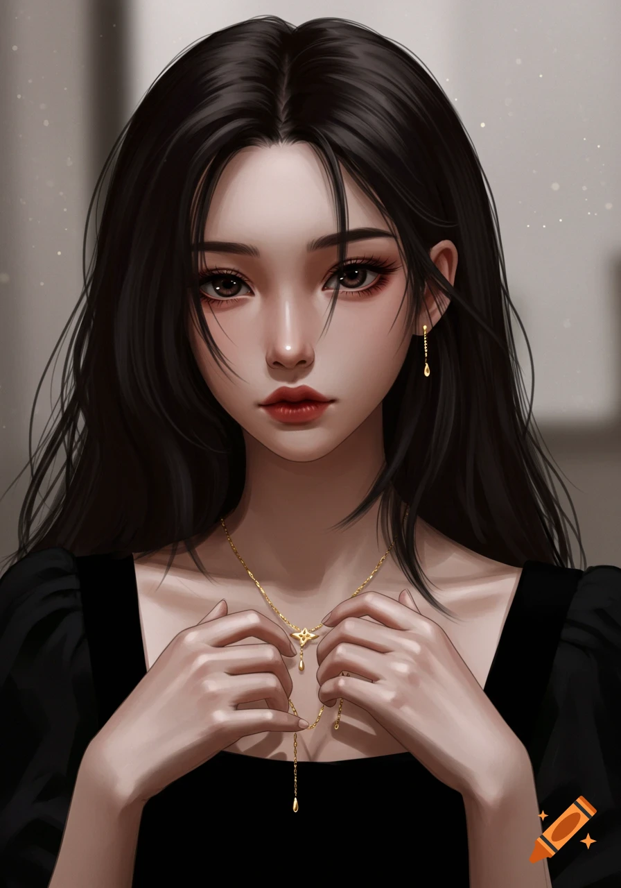 An anime-style portrait of a young woman with dark hair, pale skin, wearing a black dress and holding a gold chain necklace.