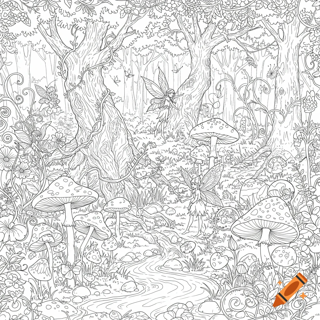 Detailed black and white line art of a magical forest scene with fairies, trees, mushrooms, and a stream, in the style of a coloring page.