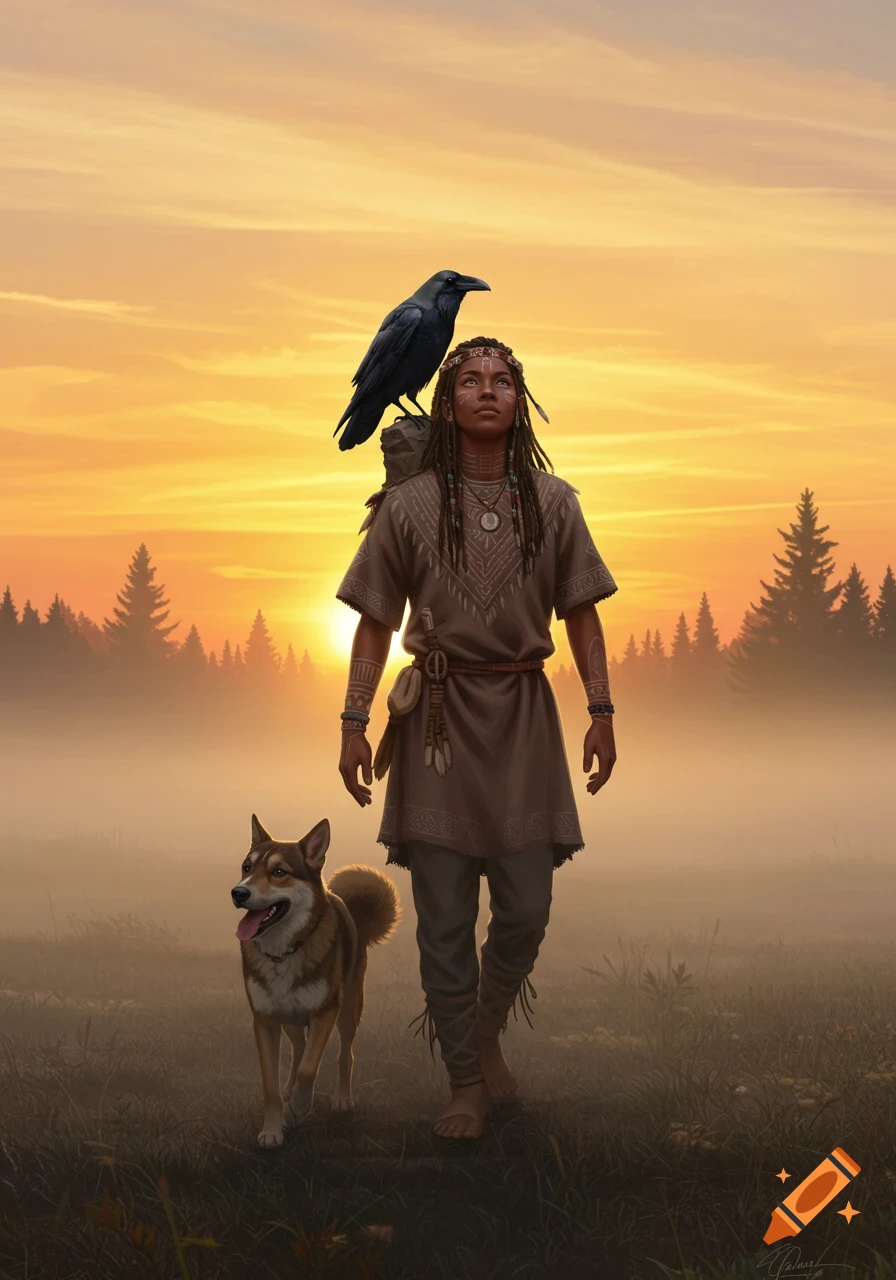 A shamanic figure with a dog and raven walks through a misty field towards a glowing sunrise, digital painting.