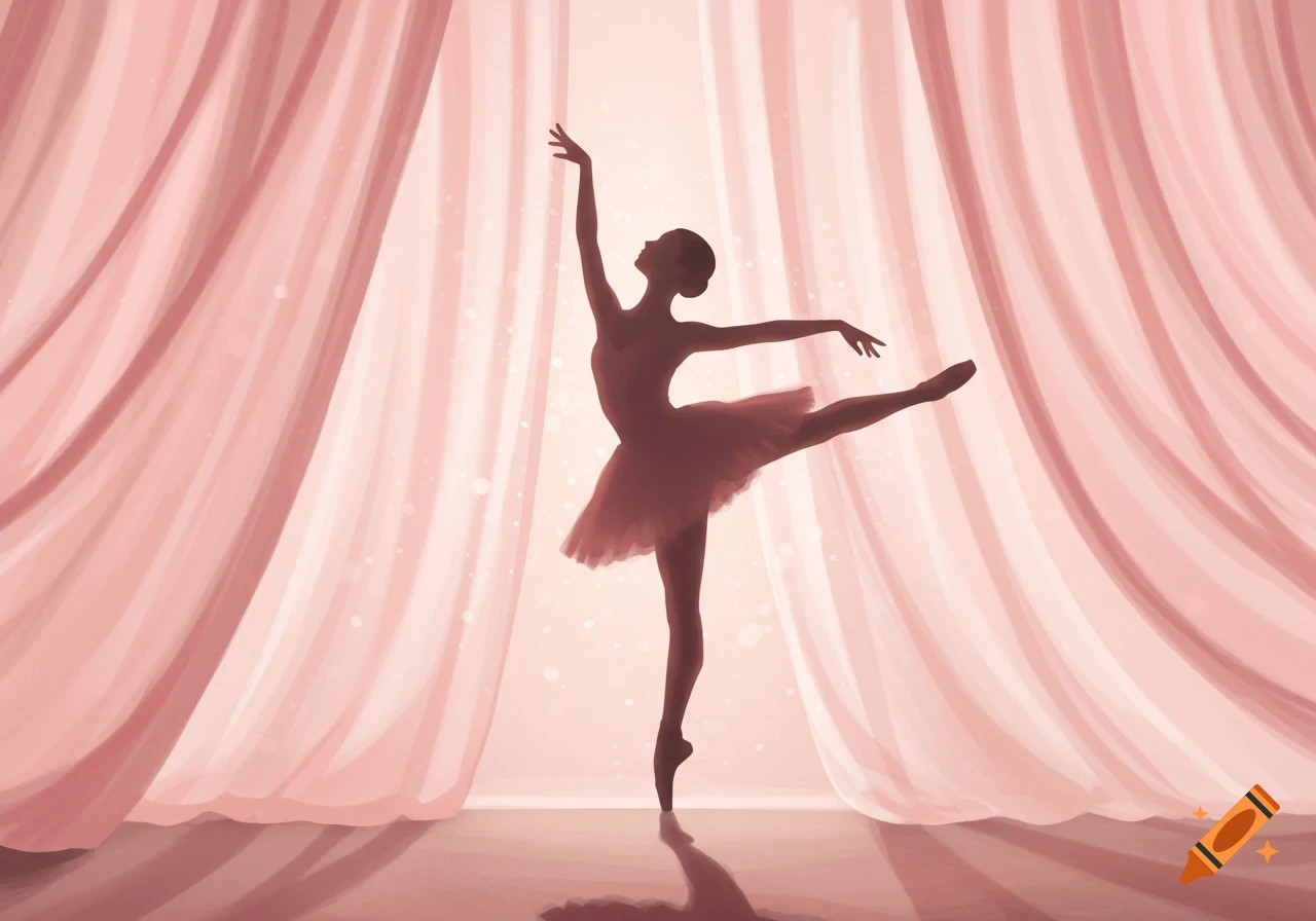 Silhouette of a ballerina en pointe on a stage with light pink wavy curtains.
