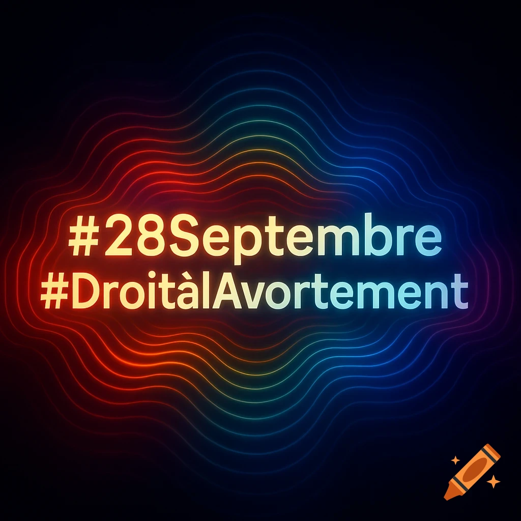 Text '#28Septembre #DroitàlAvortement' glowing in white and rainbow colors against a dark background with pulsing, wavy rainbow lines.
