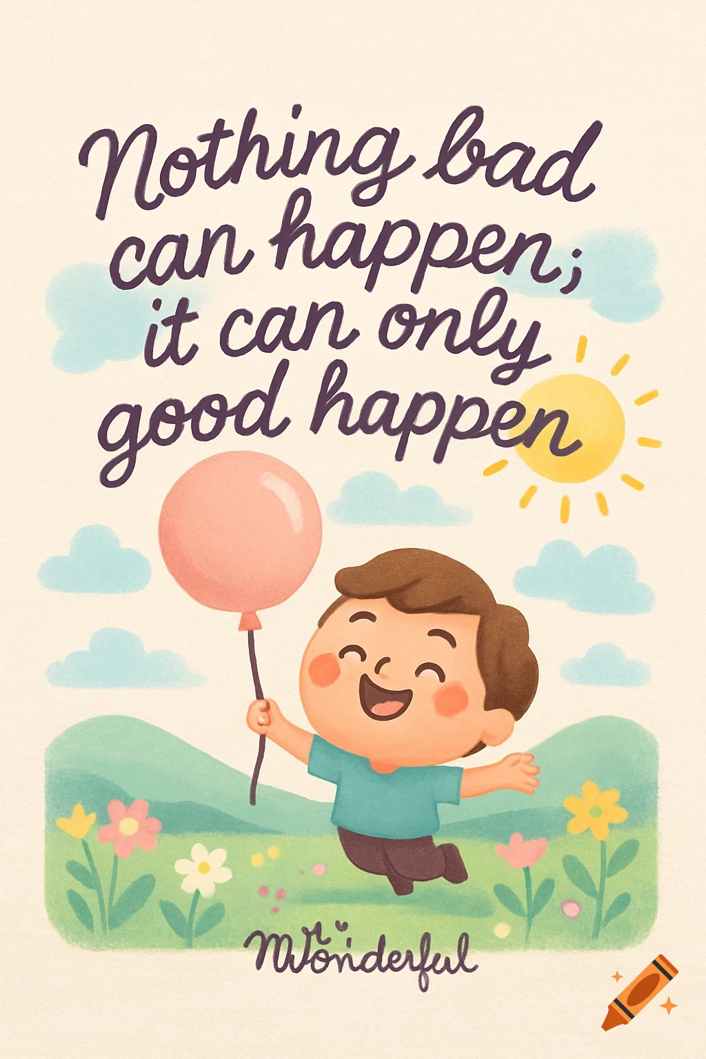 A cartoon illustration of a happy child holding a pink balloon, floating above green hills with flowers under a sunny sky. The text reads "Nothing bad can happen; it can only good happen" and "Wonderful".
