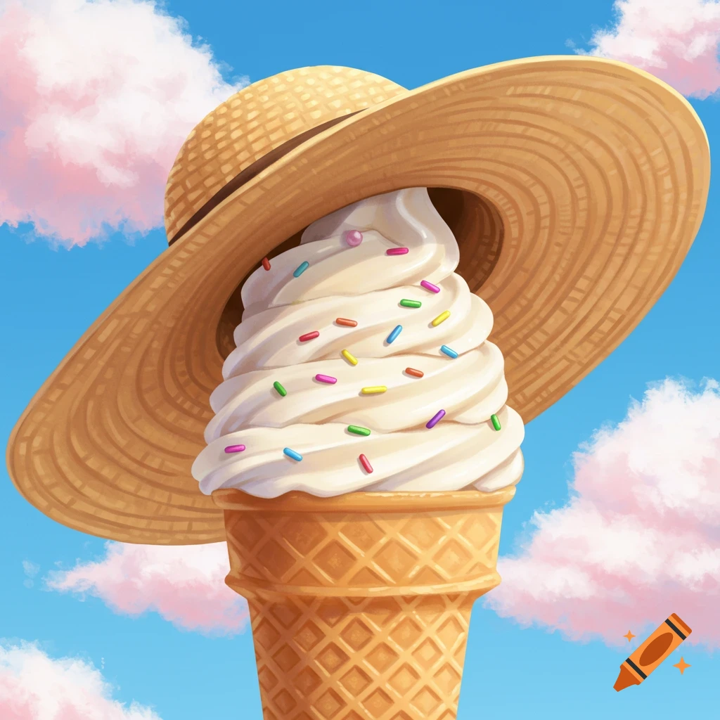 Vibrant illustration of a vanilla ice cream cone with colorful sprinkles wearing a straw hat under a blue sky with pink clouds.