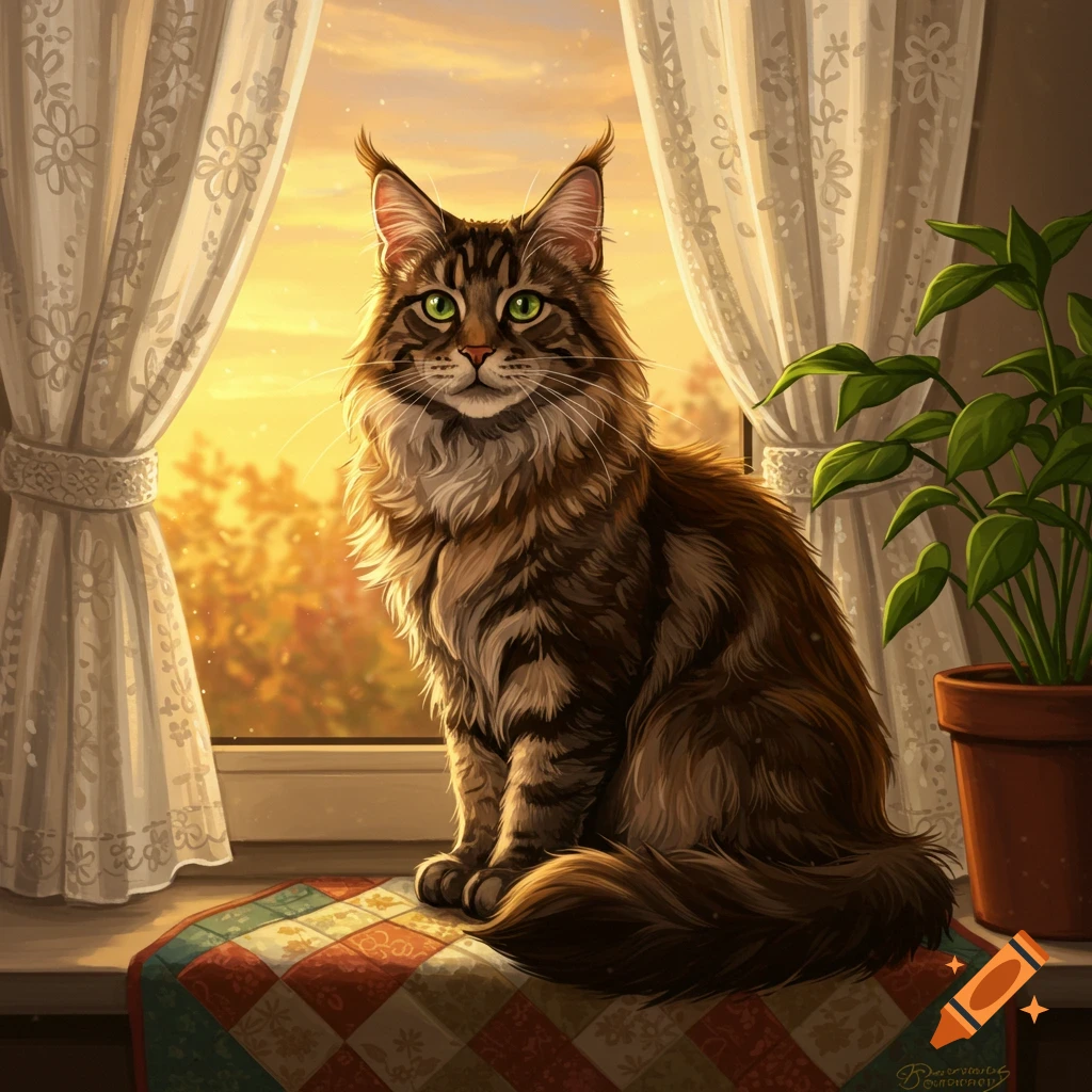 A majestic brown tabby Maine Coon cat with green eyes sits on a quilted mat by a sunlit window with autumn trees outside.