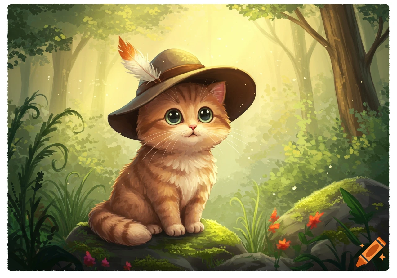 A cute ginger cat wearing a feathered hat sits on a mossy rock in a sun-dappled forest.