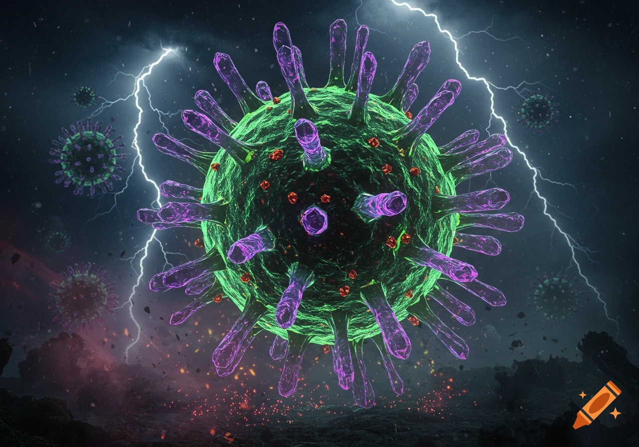 A detailed, dramatic rendering of a green and purple virus cell with spikes against a dark, stormy sky with lightning and glowing particles.