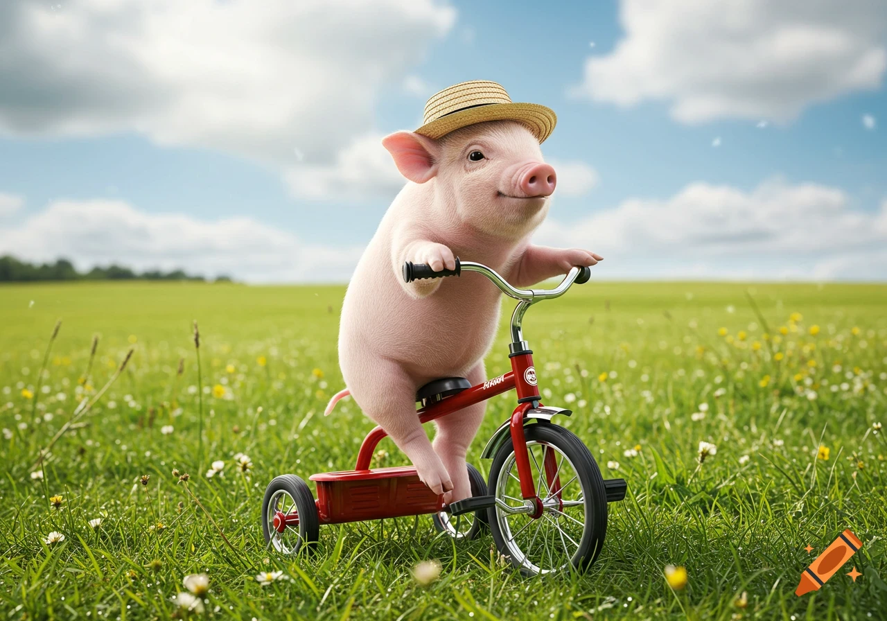 A cute, photorealistic baby piglet wearing a straw hat rides a red tricycle through a vibrant green field with wildflowers under a blue sky.