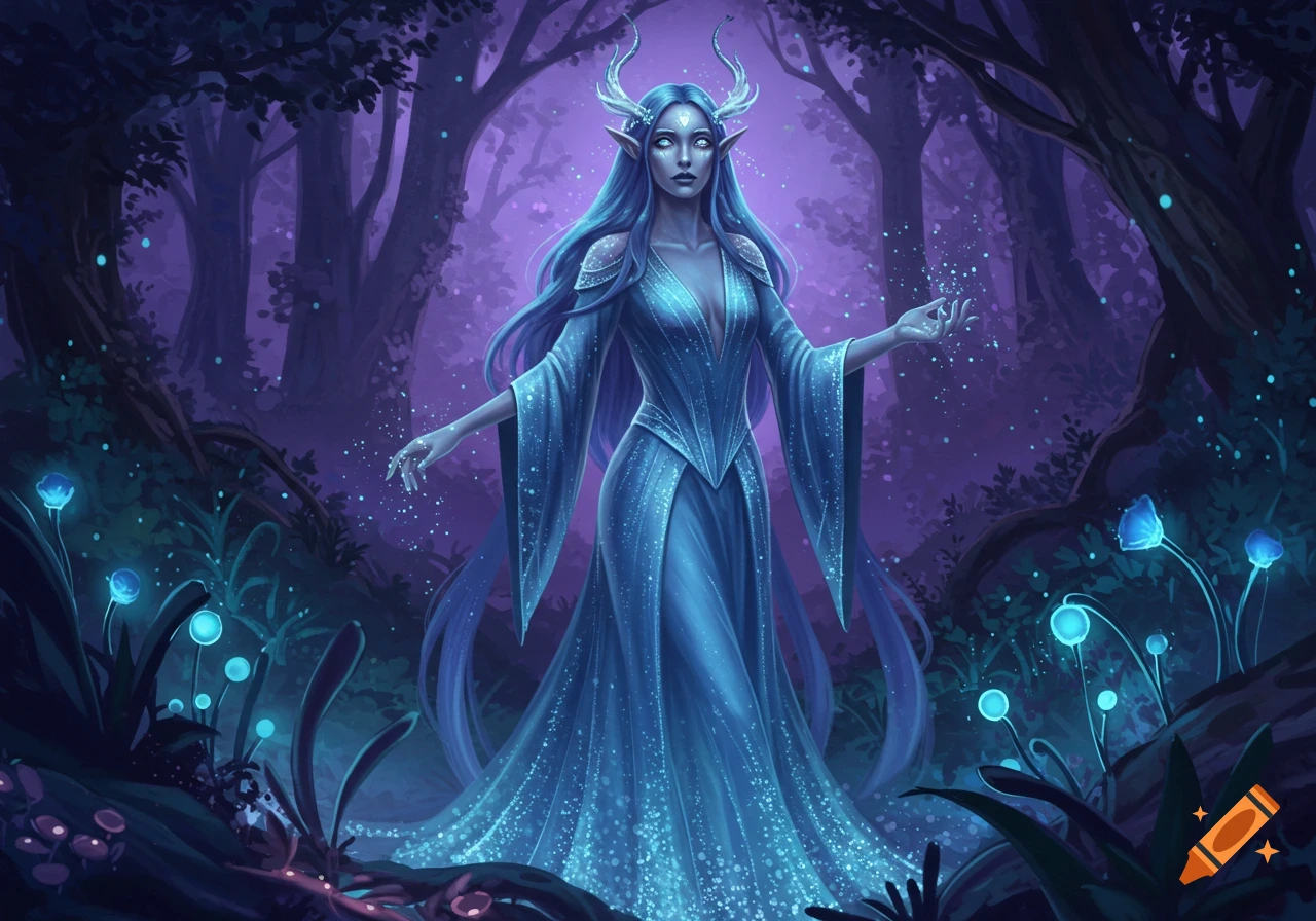 A mystical blue elf-like woman with horns and glowing eyes stands in an enchanting purple forest with glowing flora.