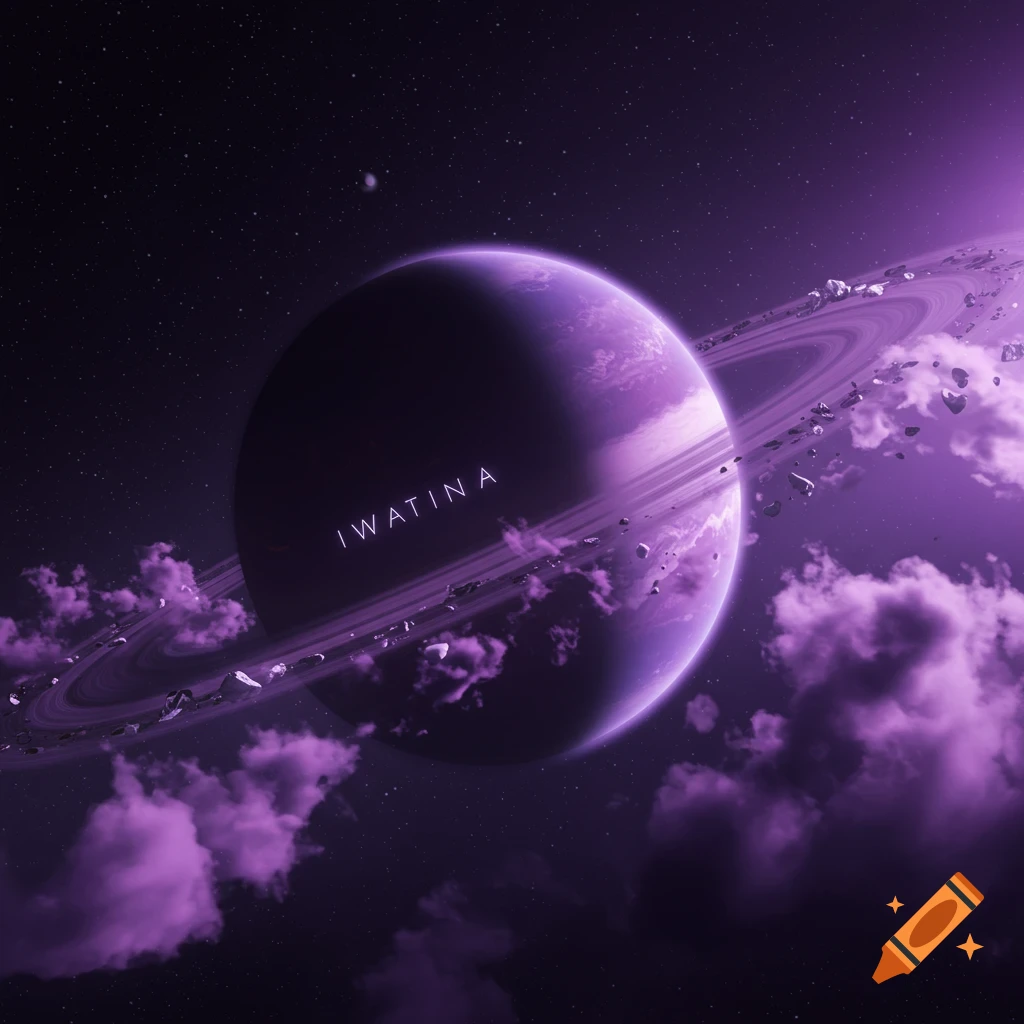 A vibrant purple planet with prominent rings and scattered purple clouds in deep space. The word 'IWATINA' is visible on its surface.
