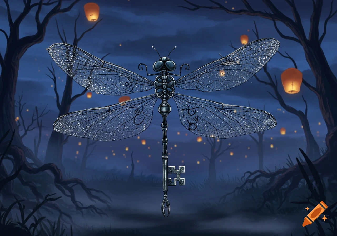 Stylized dragonfly with a skeleton key as its body, with ornate wings, flying in a dark forest at night with glowing lanterns.