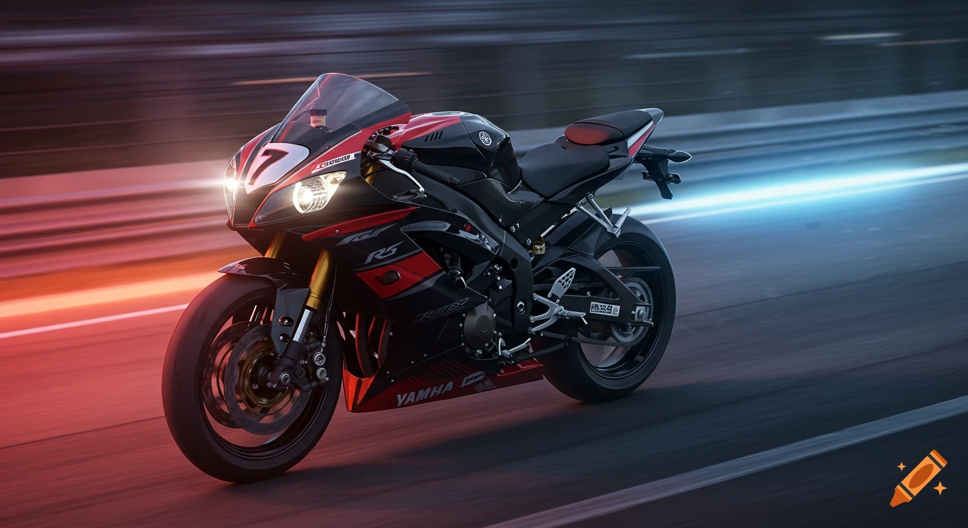 A black and red Yamaha R6 racing motorcycle, number 7, speeds down a track with motion blur under dynamic lighting.