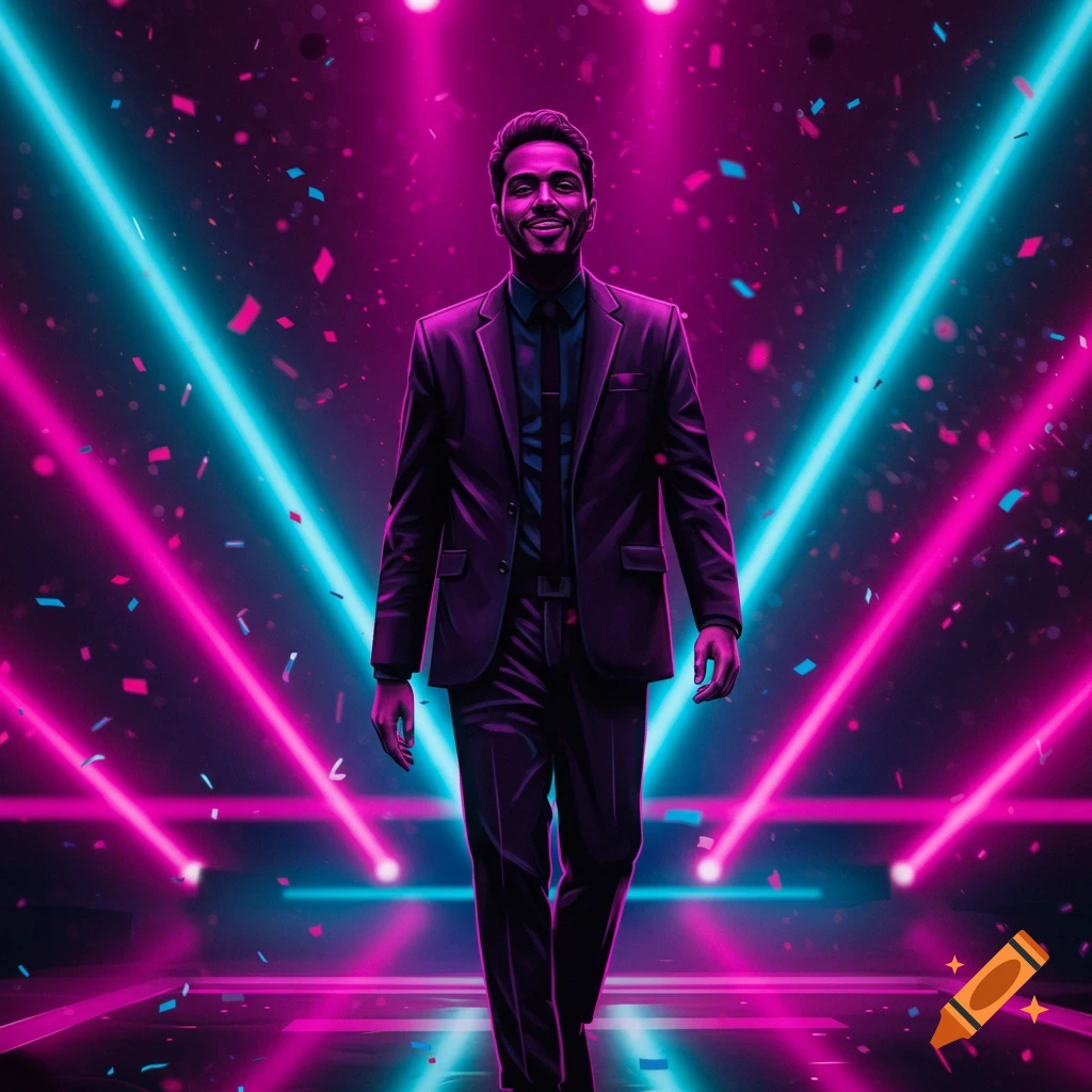 A smiling man in a suit walks on a stage with pink and blue neon lights and confetti, digital art style.