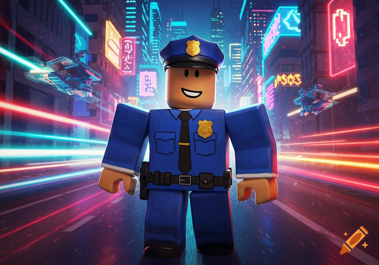 A blocky Roblox police officer stands smiling in a vibrant, neon-lit cyberpunk city street with flying vehicles.
