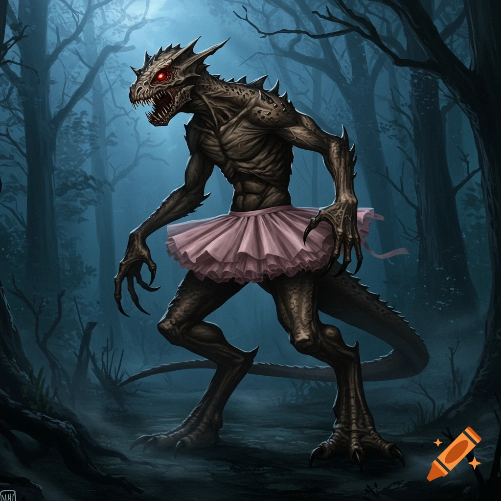 A terrifying, scaly monster with red eyes and sharp claws, wearing a pink tutu, stands in a dark, misty forest.