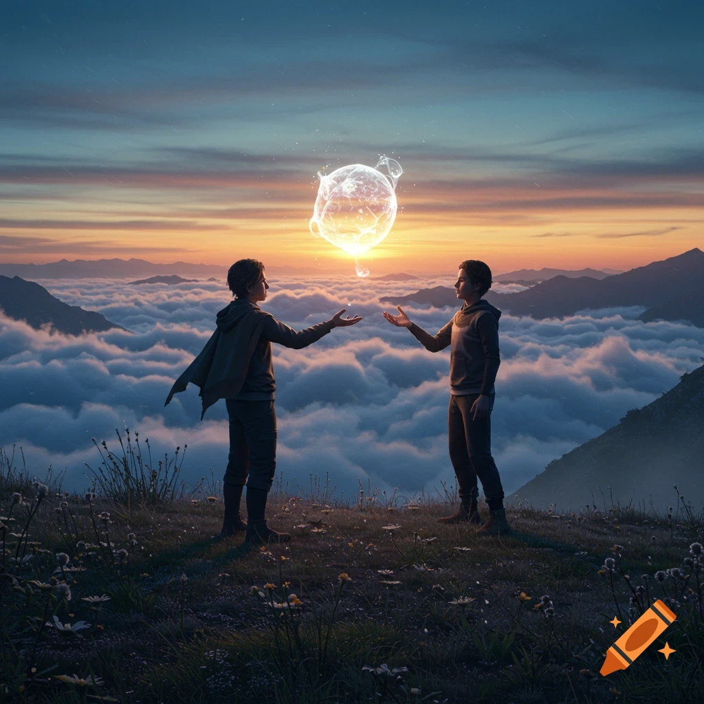 Two people on a mountain above clouds at sunset, one presenting a glowing ethereal orb to the other.