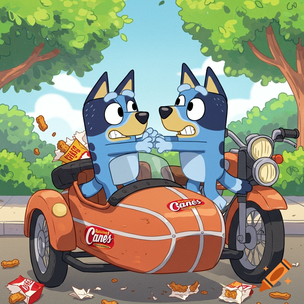Bluey and Bingo, two cartoon dogs, are bickering in a motorcycle sidecar, spilling Raising Cane's chicken tenders onto the street in a vibrant cartoon style.