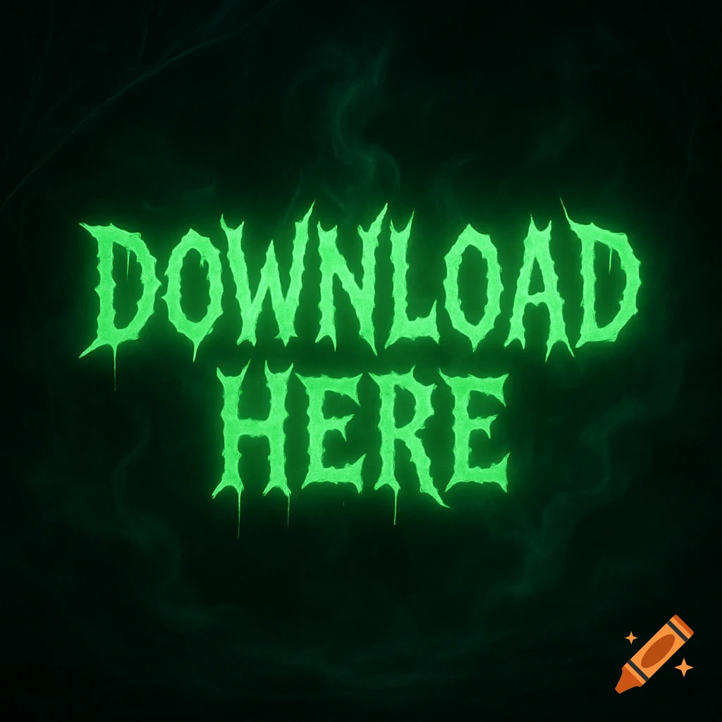 Neon green spooky text reads 'DOWNLOAD HERE' on a dark, smoky background.