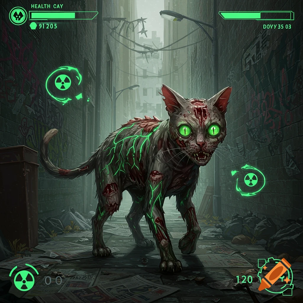 A zombie cat with glowing green eyes and glowing green veins walks through a dark, derelict alleyway. Game UI elements with health bars and radioactive symbols are superimposed.