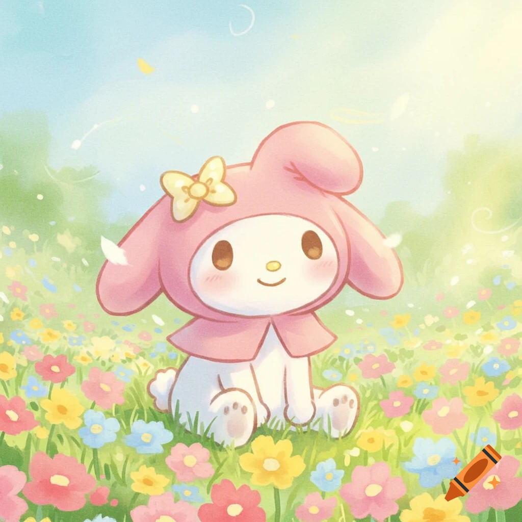 Cute cartoon My Melody character in a pink hood, sitting amidst colorful flowers under a bright sky.