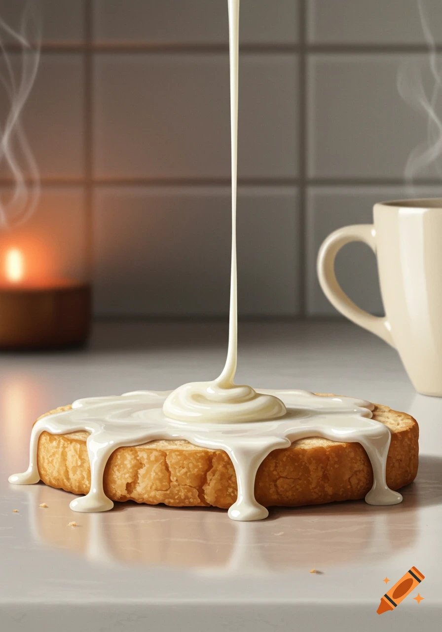 White condensed milk pours onto golden-brown toast on a kitchen counter. A lit candle and mug are in the blurred background.