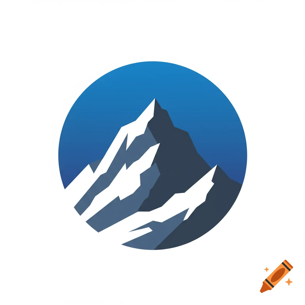 A stylized icon featuring a jagged, snow-capped mountain peak against a blue circular background.