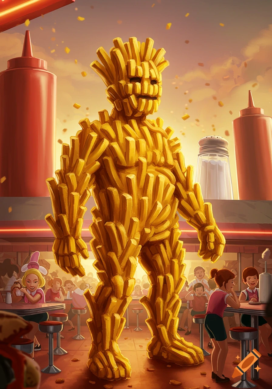 A towering man made of golden french fries stands in a retro diner, with customers in the background and giant condiment bottles.