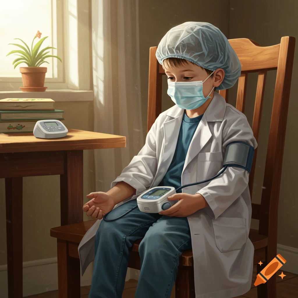 A young boy in a doctor's coat, mask, and cap sits on a wooden chair, measuring his blood pressure in a realistic illustration.