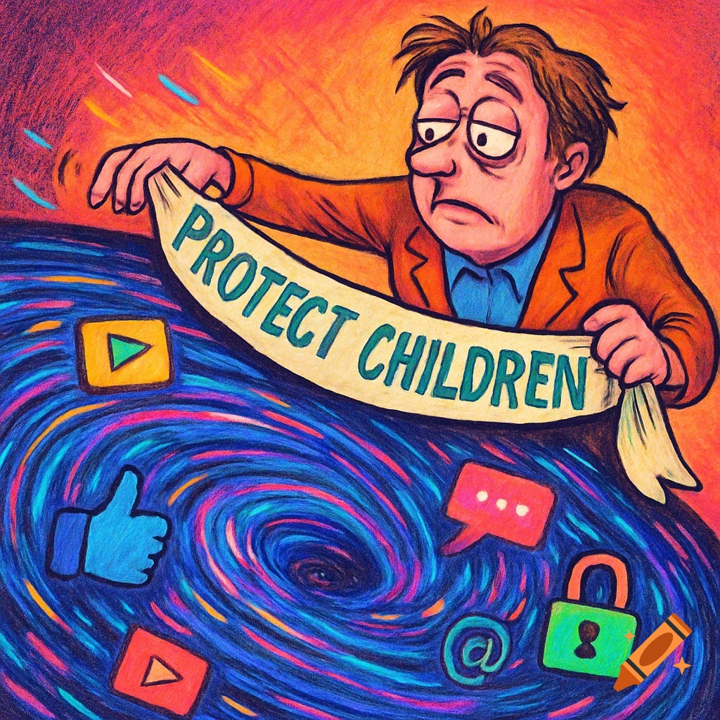 A man holds a banner reading 'PROTECT CHILDREN' over a swirling vortex of internet icons like YouTube, thumbs up, and a padlock, depicted in a colored pencil art style.