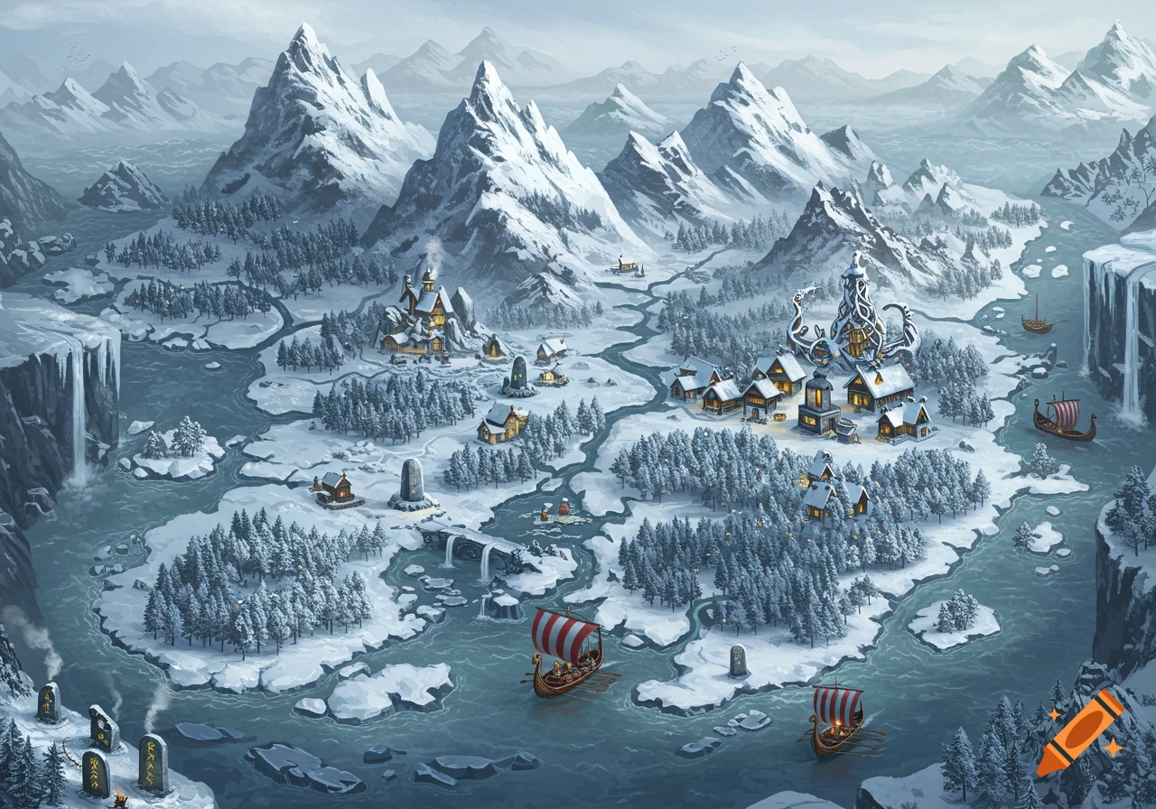 Isometric fantasy map of a snowy Viking village with longboats on rivers, surrounded by mountains and waterfalls.